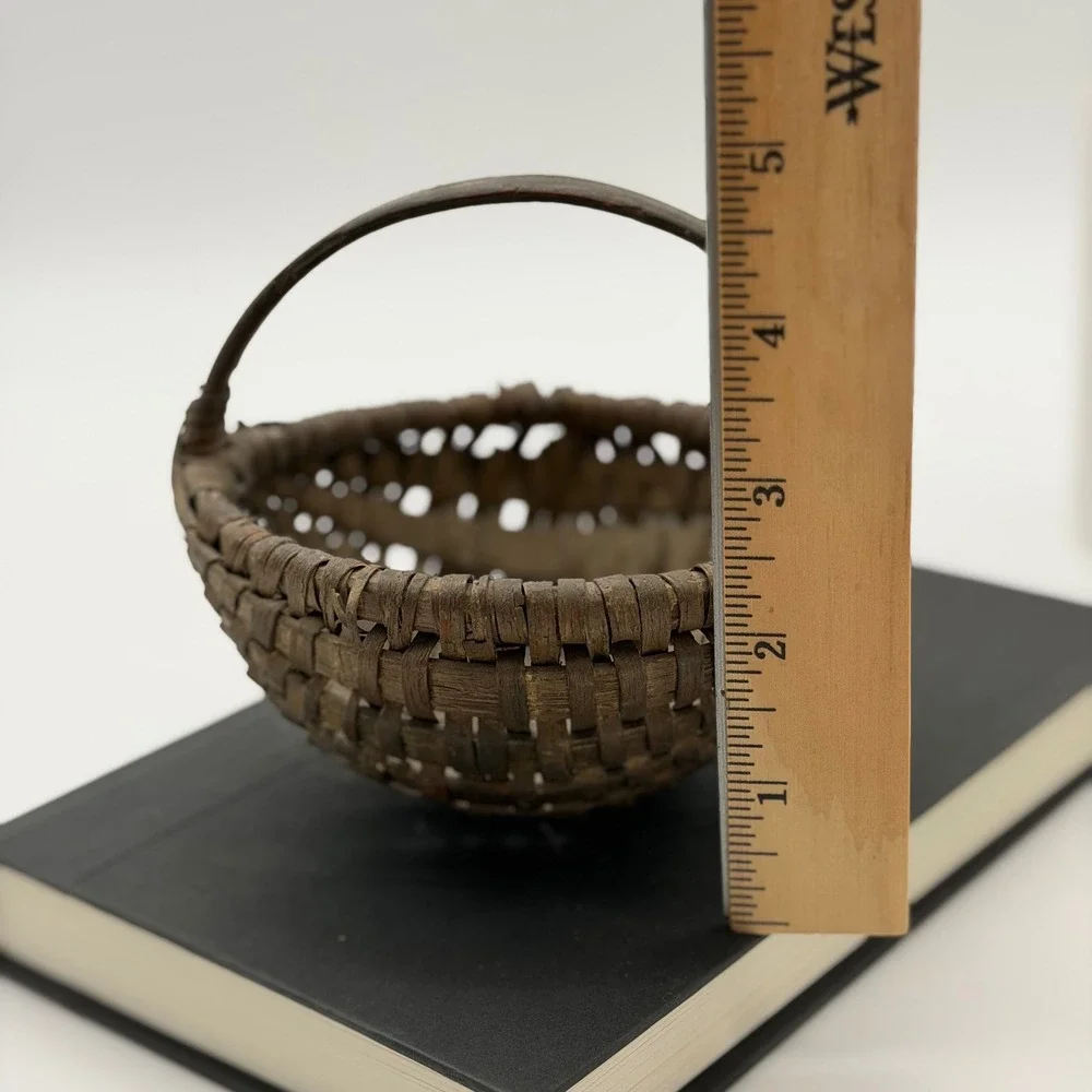 Vintage Primitive Miniature Woven Splint Basket with Bentwood Handle